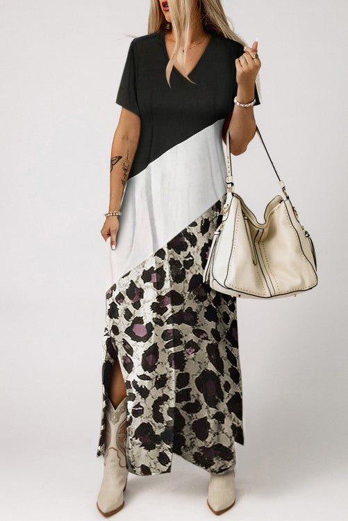 Diagonal Color Block T-Shirt Maxi Dress - Black, White & Leopard ONLY 1 SMALL LEFT