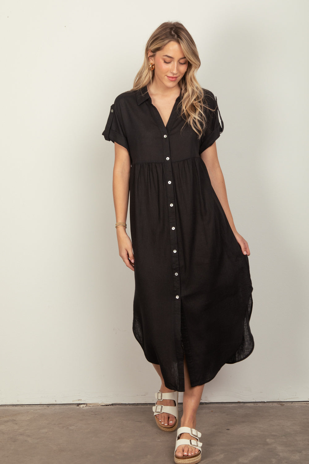 Linen Midi Shirt Dress - Black