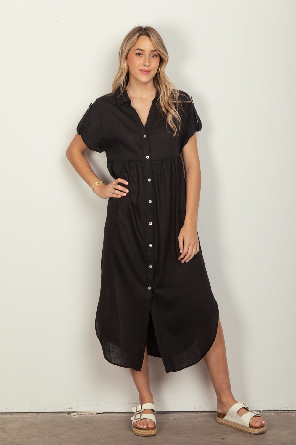 Linen Midi Shirt Dress - Black