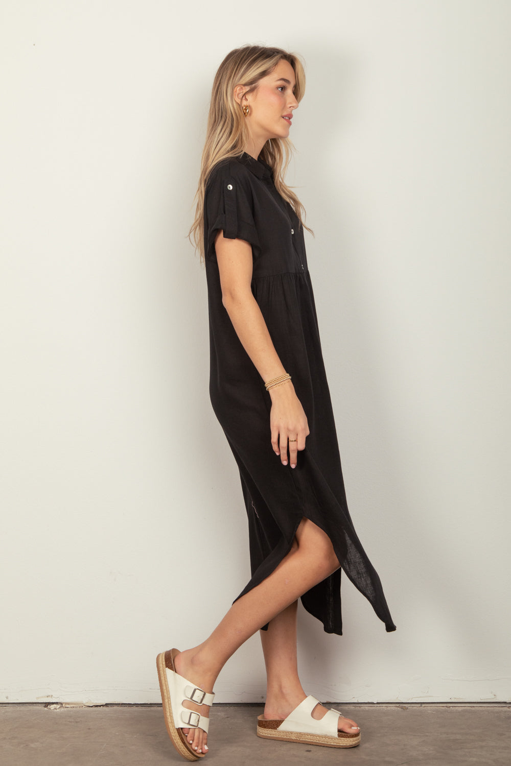 Linen Midi Shirt Dress - Black