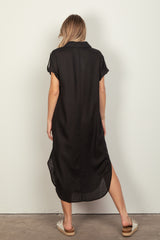 Linen Midi Shirt Dress - Black