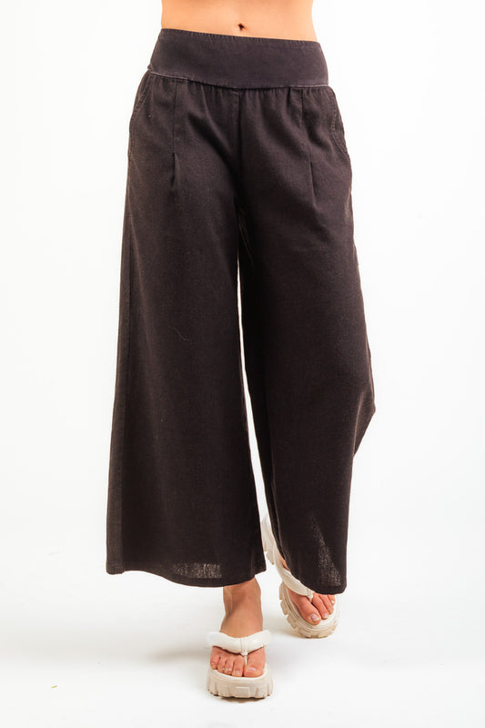 Contrast Waist Wide Leg Pants - Black