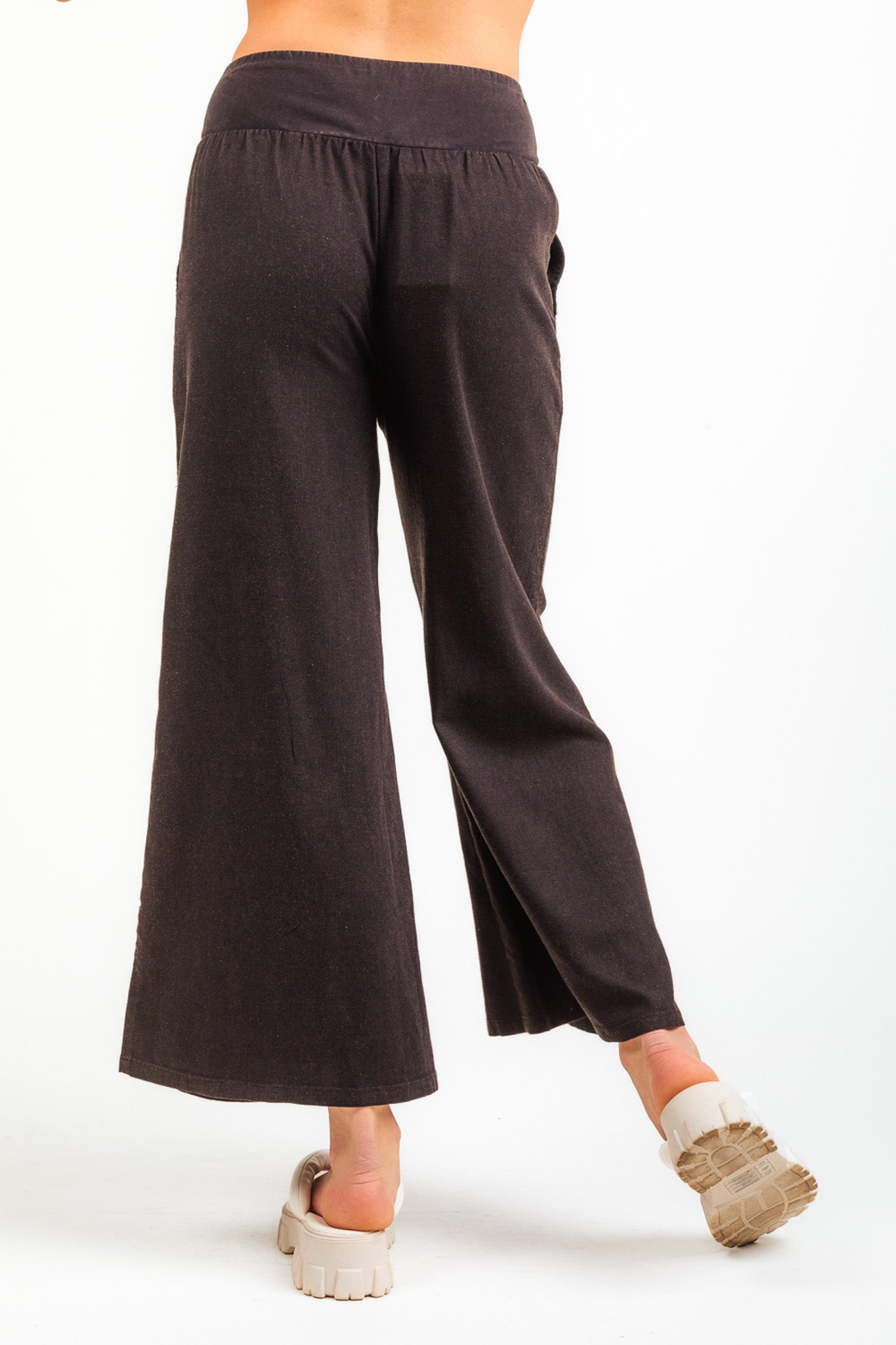 Contrast Waist Wide Leg Pants - Black