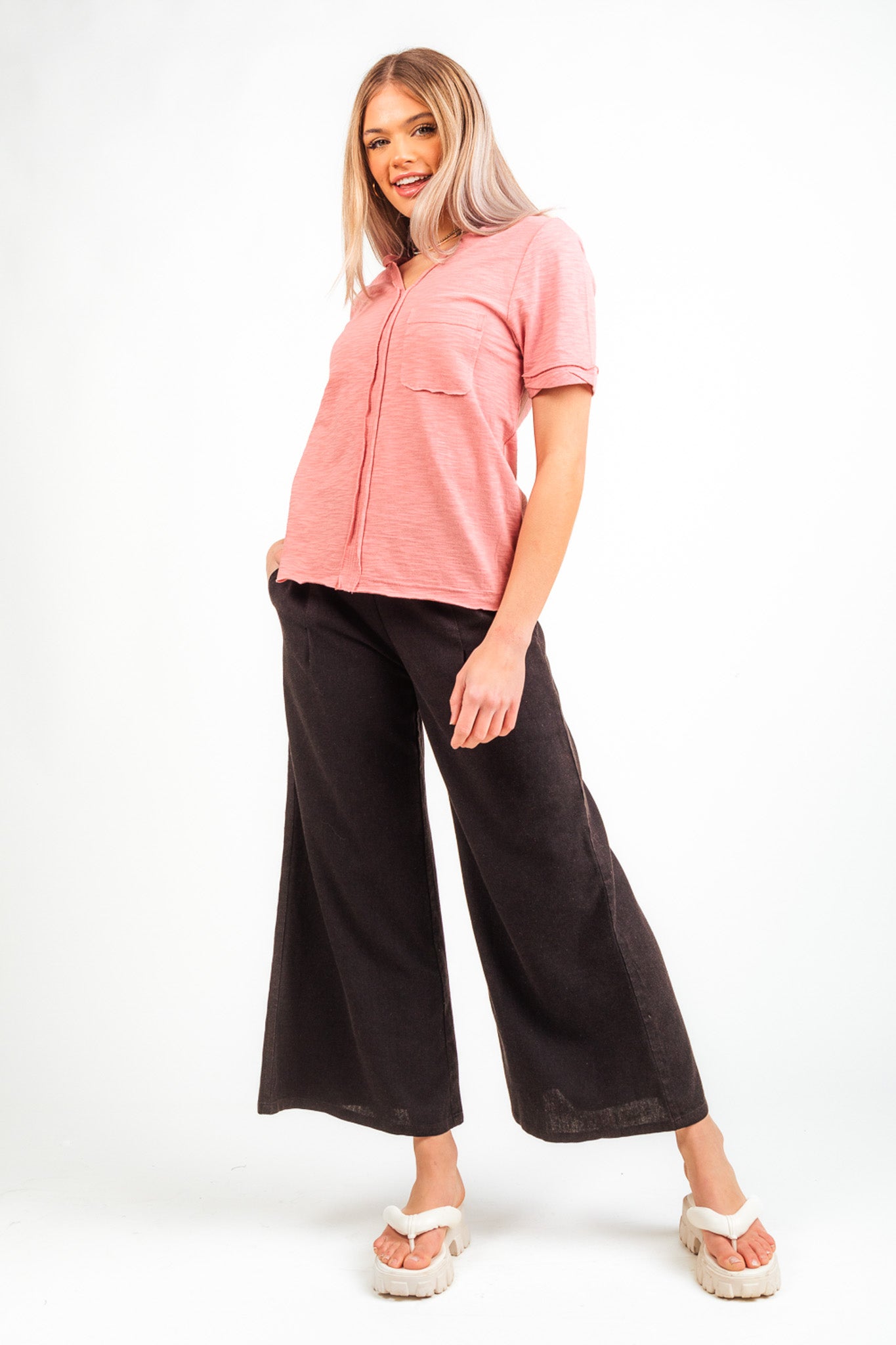 Contrast Waist Wide Leg Pants - Black