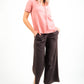 Contrast Waist Wide Leg Pants - Black