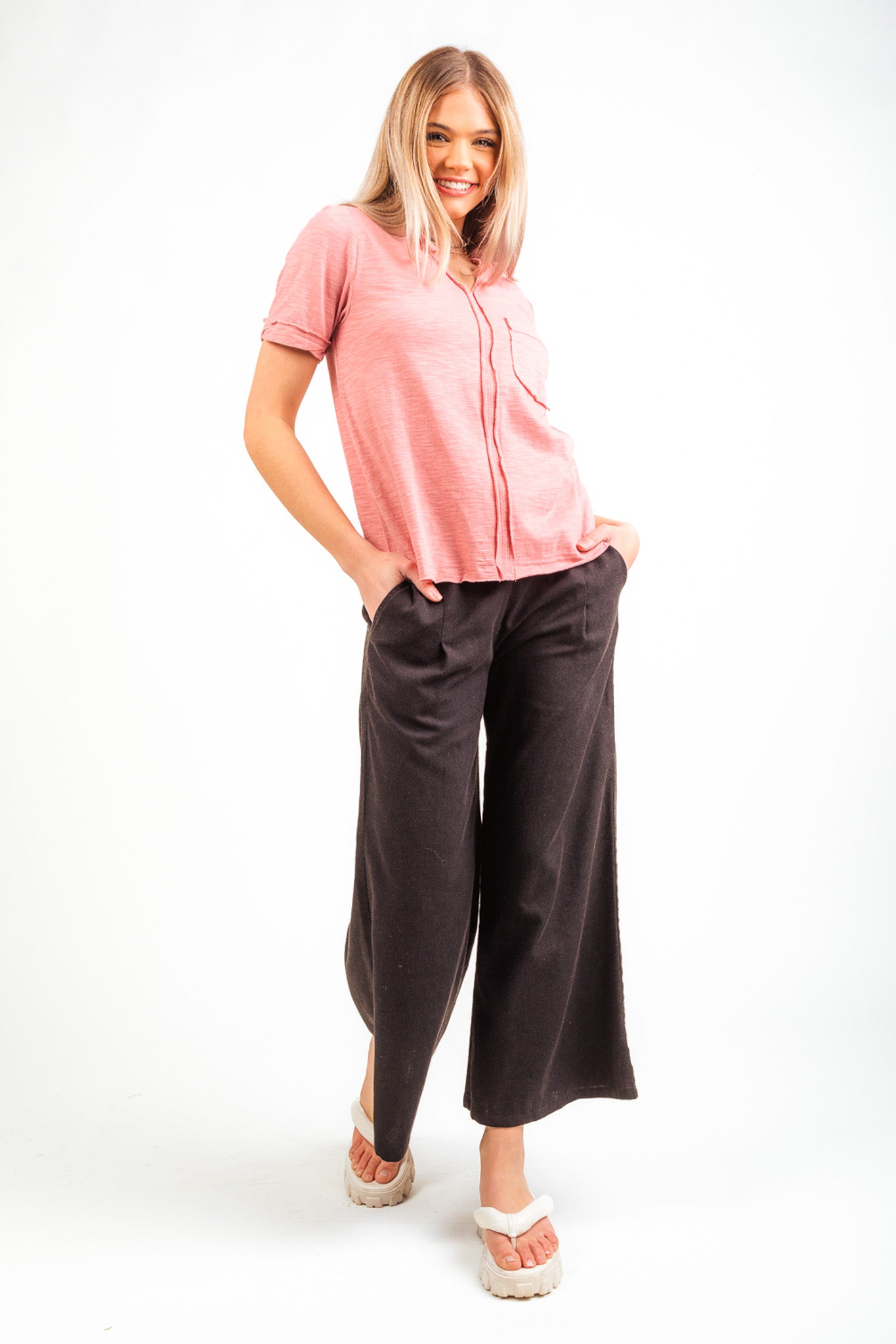 Contrast Waist Wide Leg Pants - Black