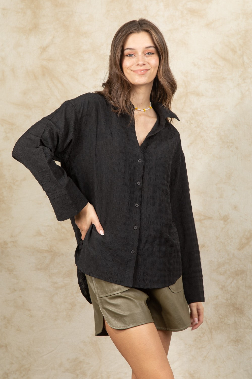 Twisted Back Button Down Shirt - Black