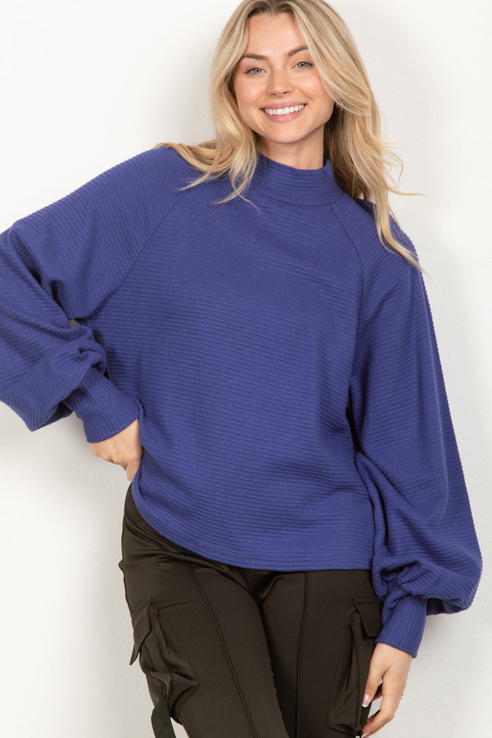 Mock Neck Solid Textured Knit Top - Royal Blue ONLY L LEFT