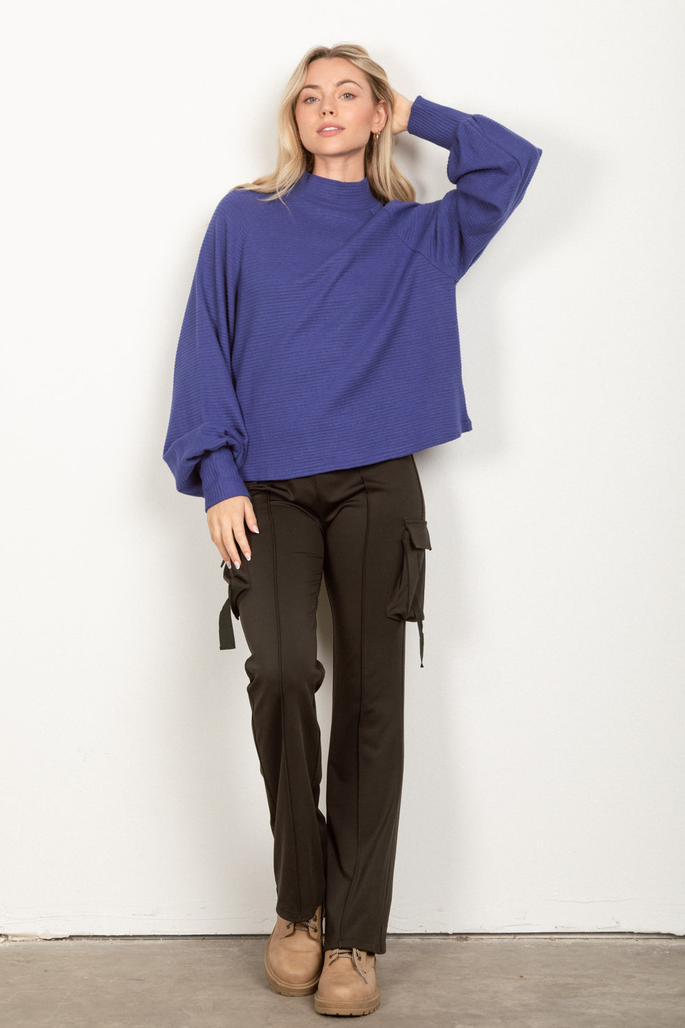 Mock Neck Solid Textured Knit Top - Royal Blue ONLY L LEFT