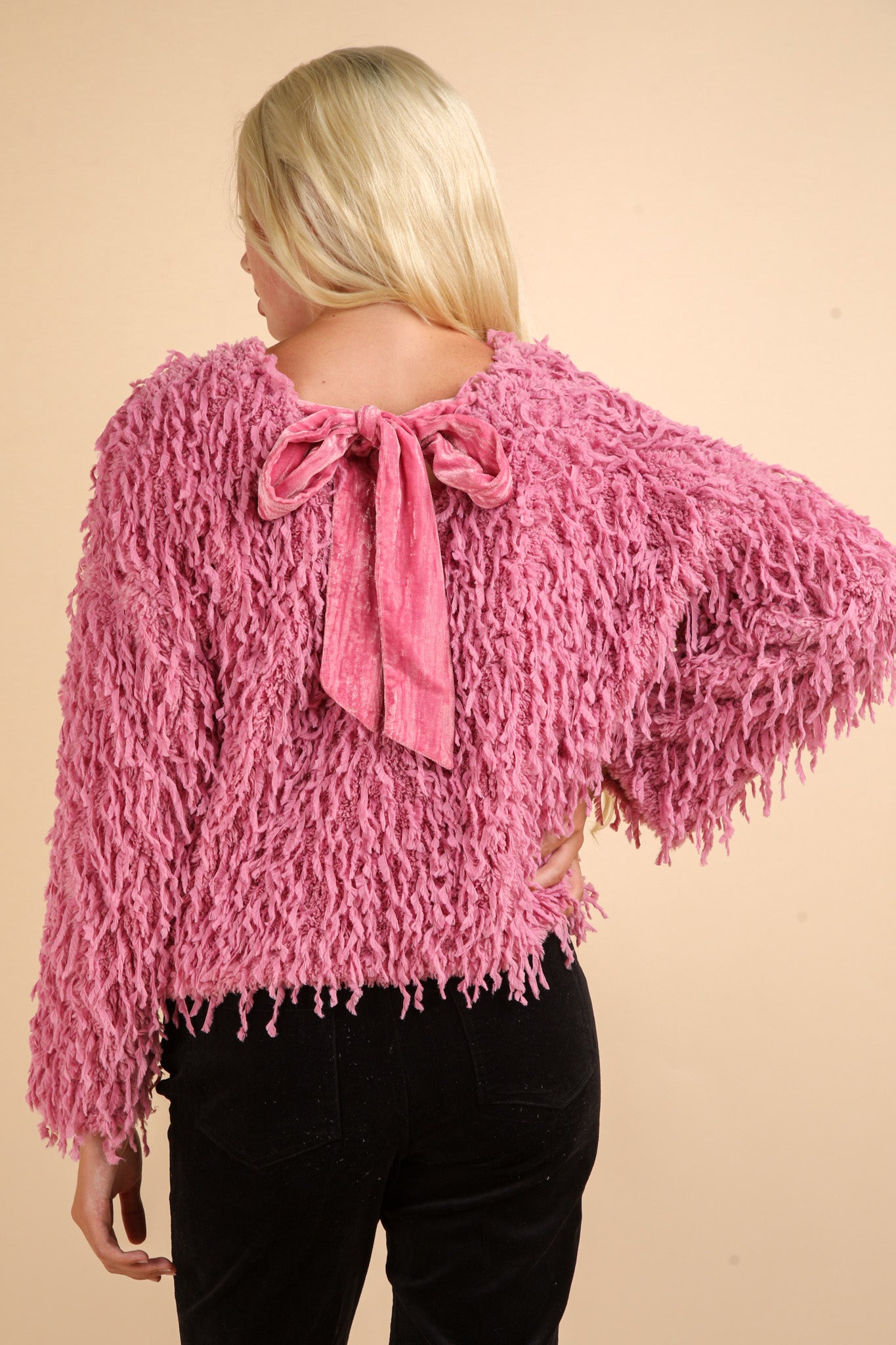 Fluffy Sweater with Velvet Ribbon in Back - Pink