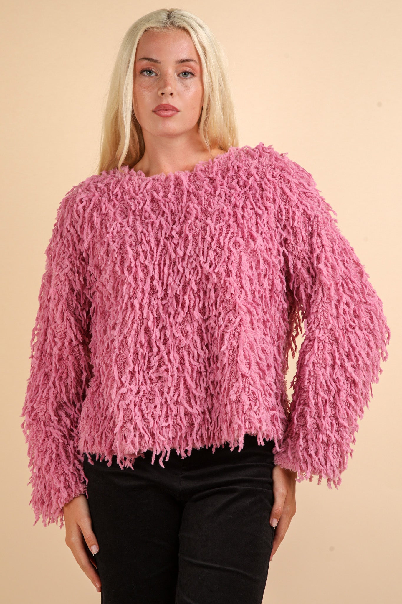 Fluffy Sweater with Velvet Ribbon in Back - Pink