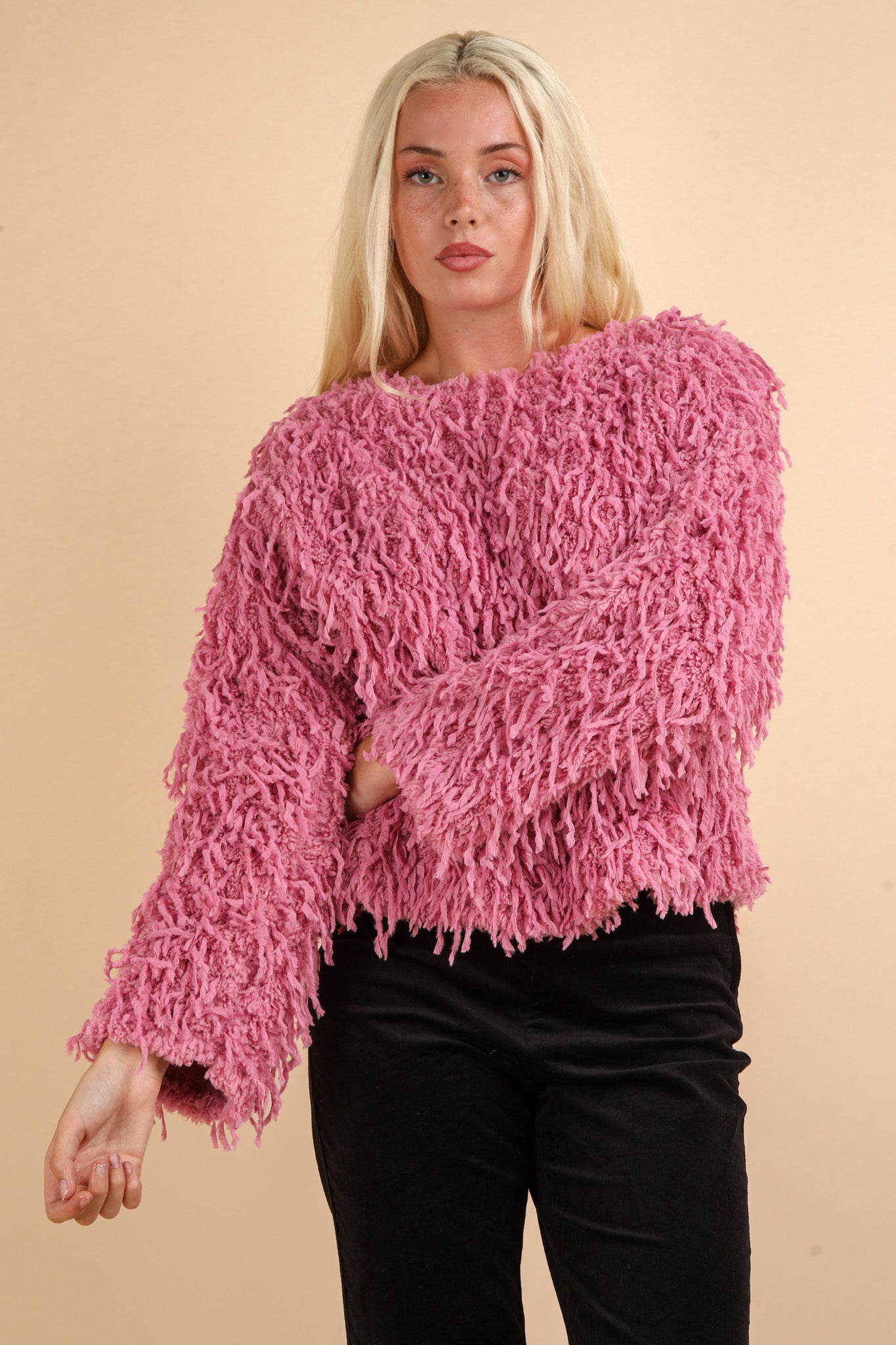 Fluffy Sweater with Velvet Ribbon in Back - Pink