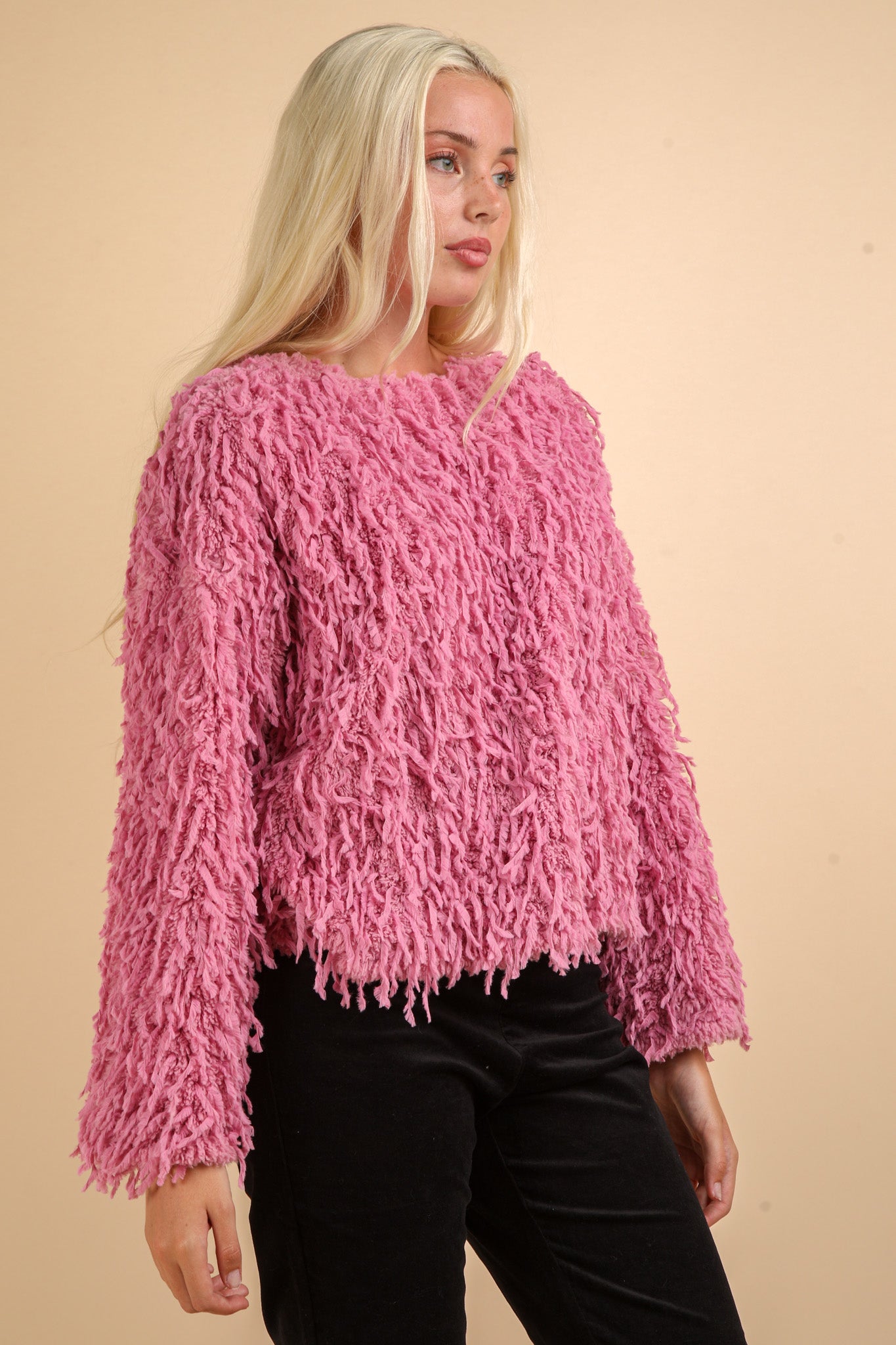 Fluffy Sweater with Velvet Ribbon in Back - Pink