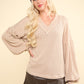 V-Neck Knit Top with Raw Edge Detail - Oatmeal