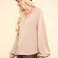 V-Neck Knit Top with Raw Edge Detail - Oatmeal