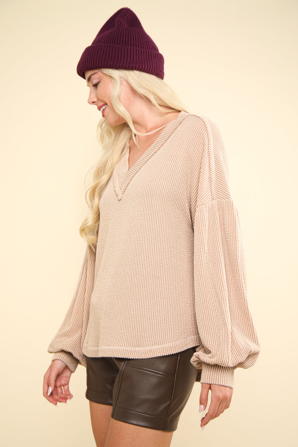 V-Neck Knit Top with Raw Edge Detail - Oatmeal