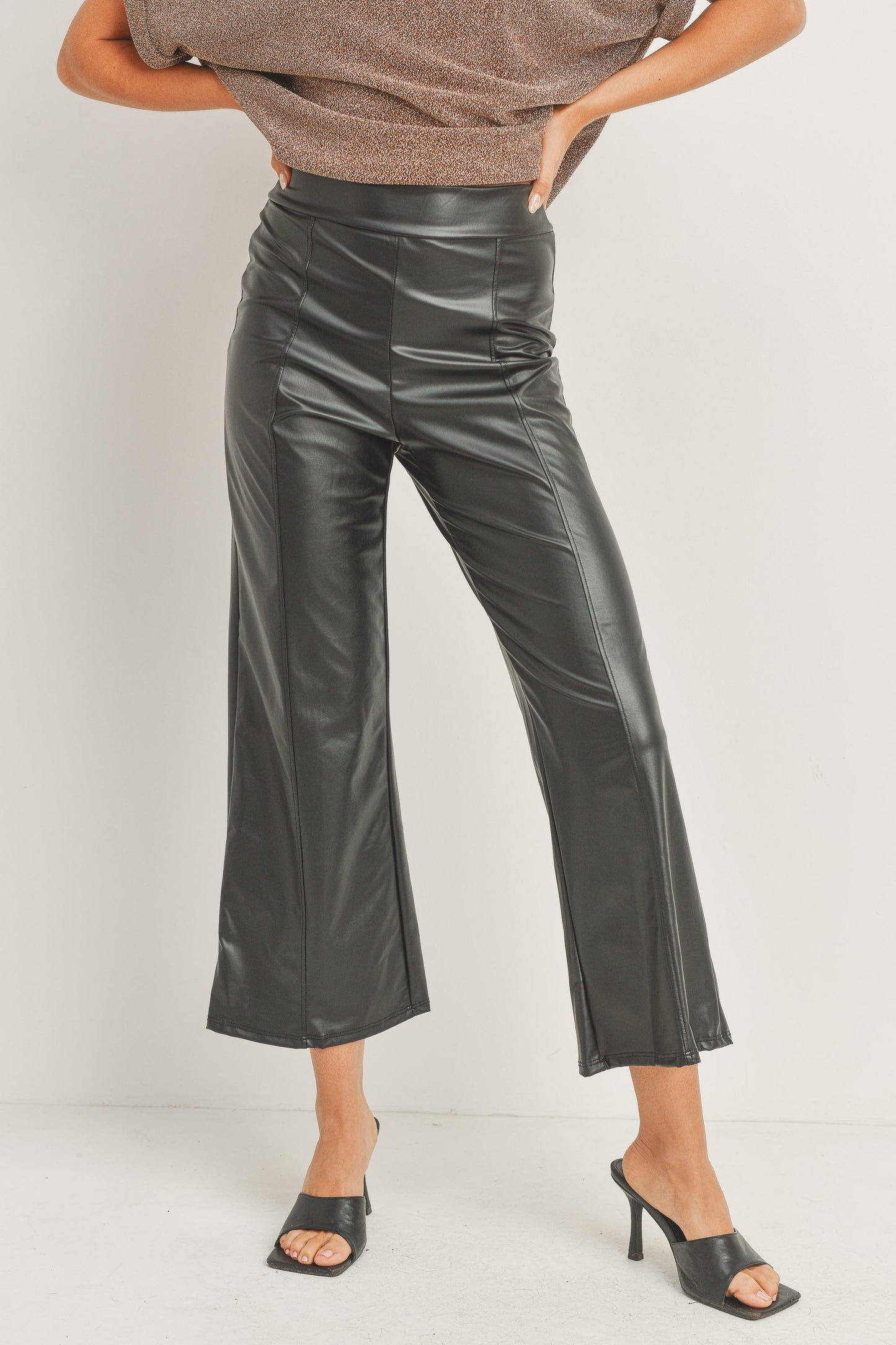 Wide Leg Faux Leather Crop Pants - Black