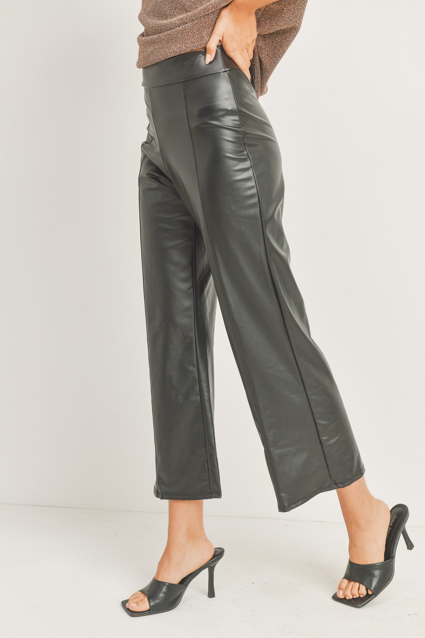 Wide Leg Faux Leather Crop Pants - Black