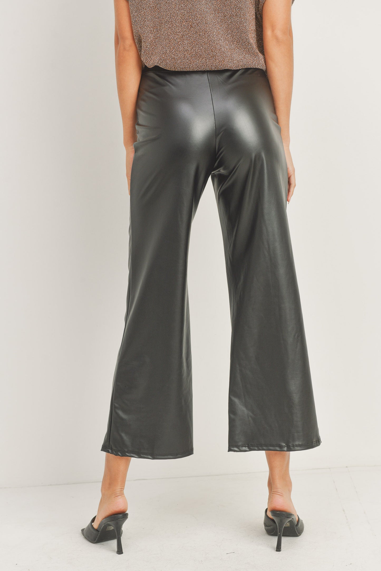 Wide Leg Faux Leather Crop Pants - Black