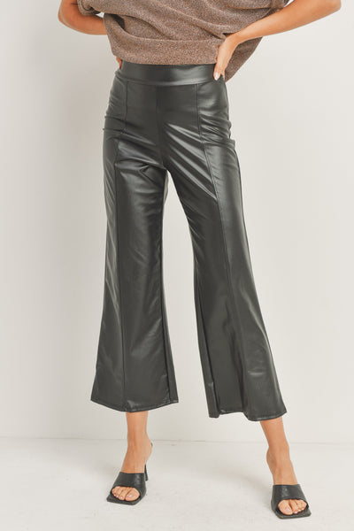 Wide Leg Faux Leather Crop Pants - Black