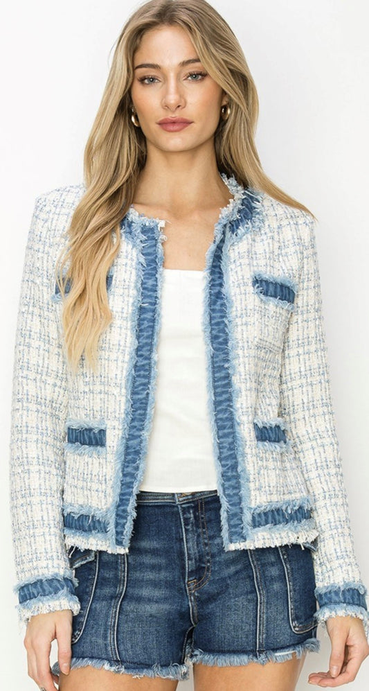 Tweed Jacket with Denim Trim - Blue Tweed