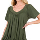 V-Neck Short Sleeve Shirred Top - Army Green