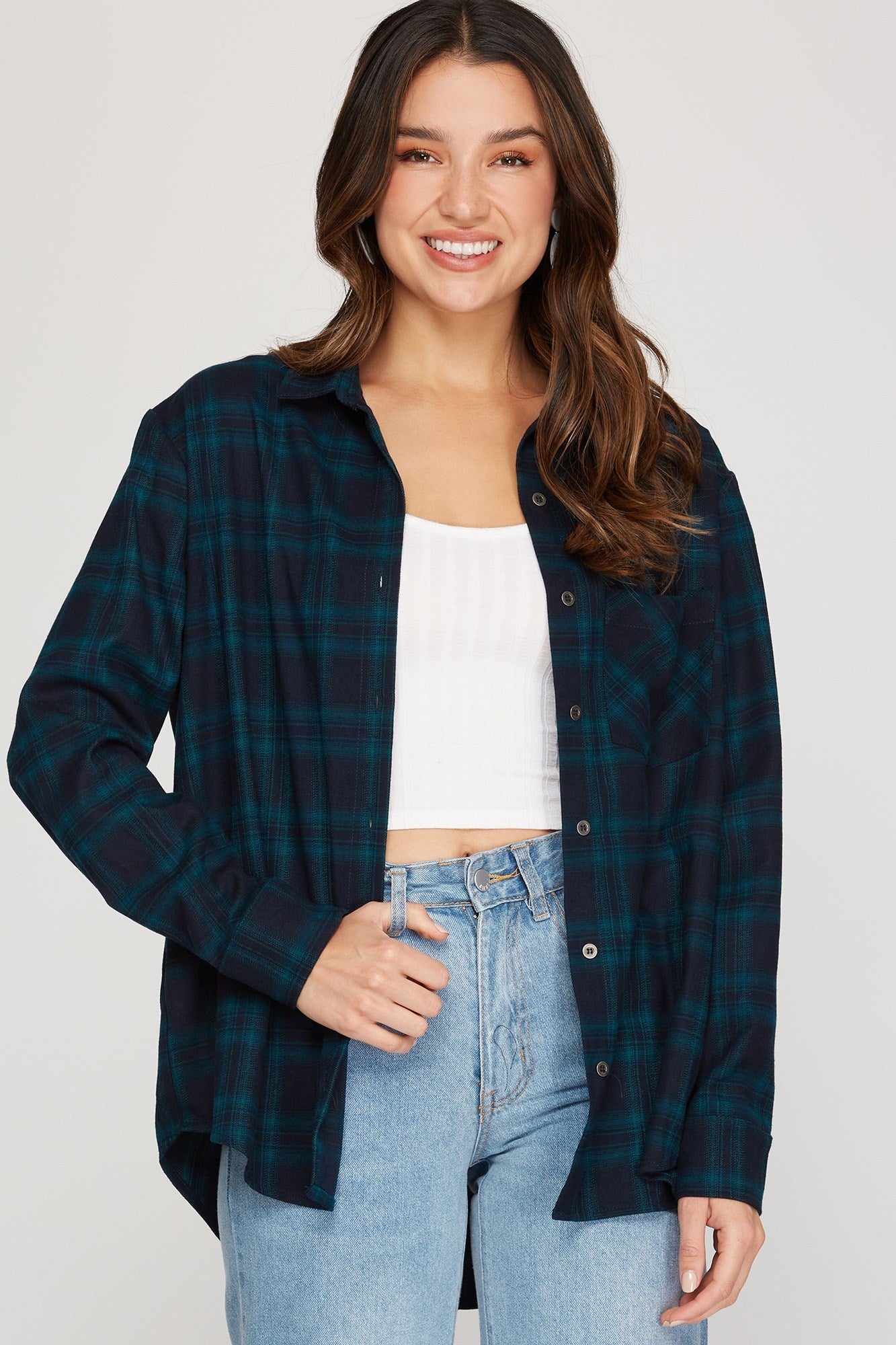 Long Sleeve Plaid Shirt - Green ONLY 1 SMALL LEFT