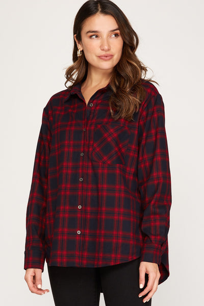 Long Sleeve Plaid Shirt - Red  ONLY S LEFT