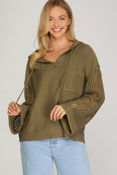 Drawstring Sweater With Hood - Olive