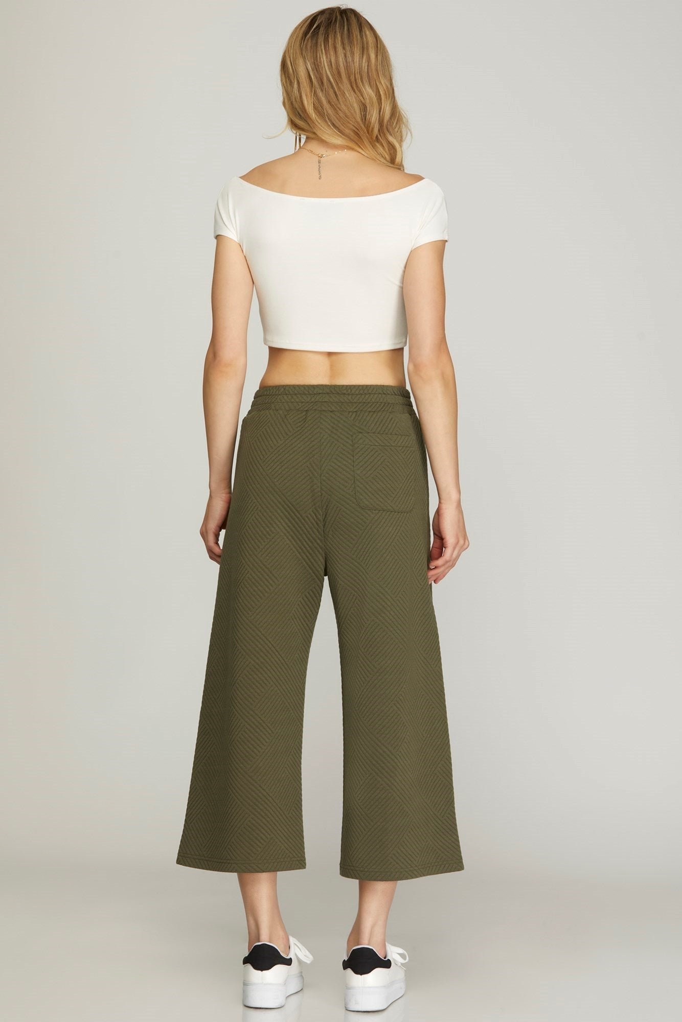 Quilted Texture Knit Capri Pants - Olive