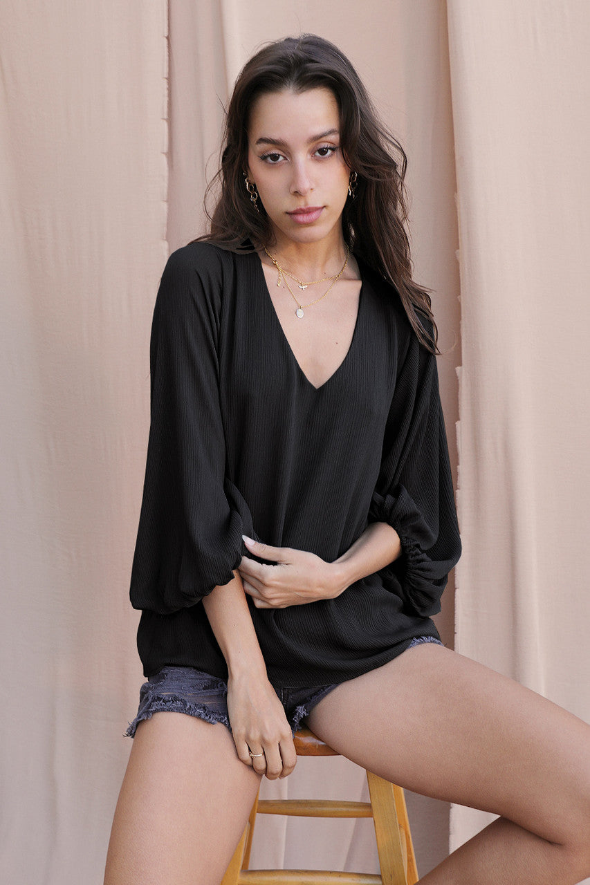 Crinkle Solid Balloon Sleeve Top - Black