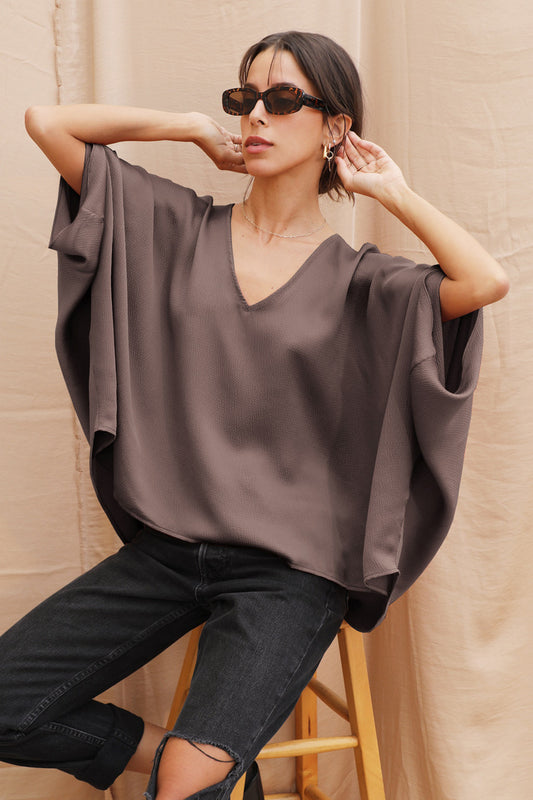 Hammered Satin V-Neck Caftan Top - Mushroom