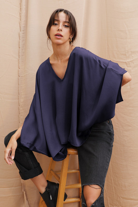 Hammered Satin V-Neck Caftan Top - Navy