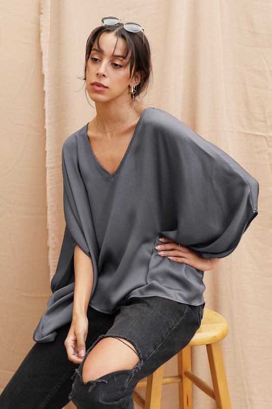 Hammered Satin V-Neck Caftan Top - Charcoal