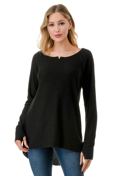 Waffle High Low L/S Top - Black