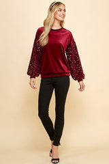 Velvet Top with Sequins Sleeve - Wine ONLY 1 L LEFT