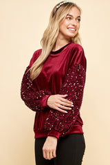 Velvet Top with Sequins Sleeve - Wine ONLY 1 L LEFT