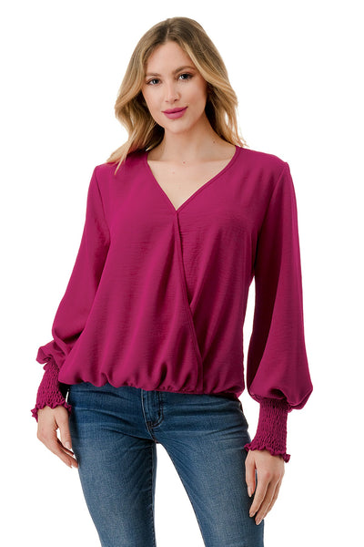 Surplice Top with Smocked Cuffs - Berry