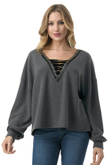 Lace Up Trim Detail Top - Charcoal ONLY 1 MEDIUM LEFT