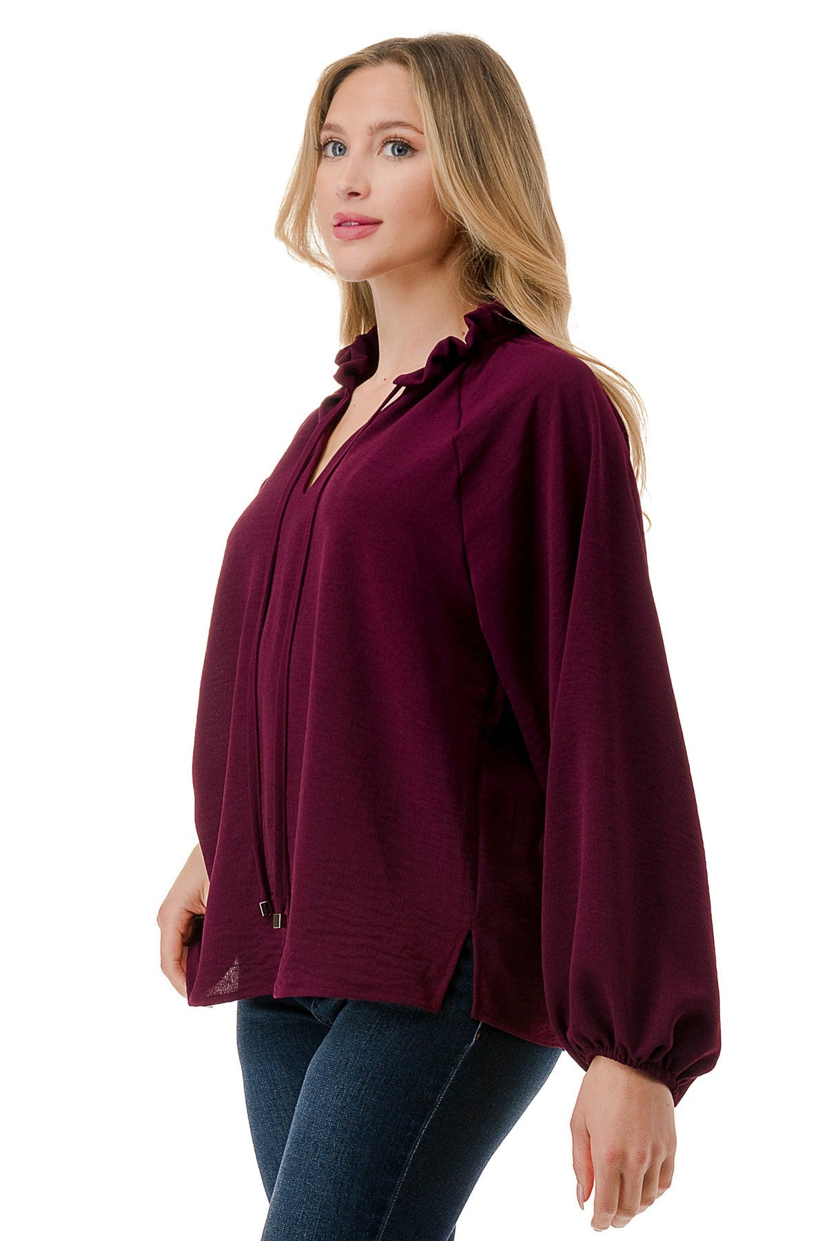 Ruffle Neck Balloon Sleeve Blouse - Merlot