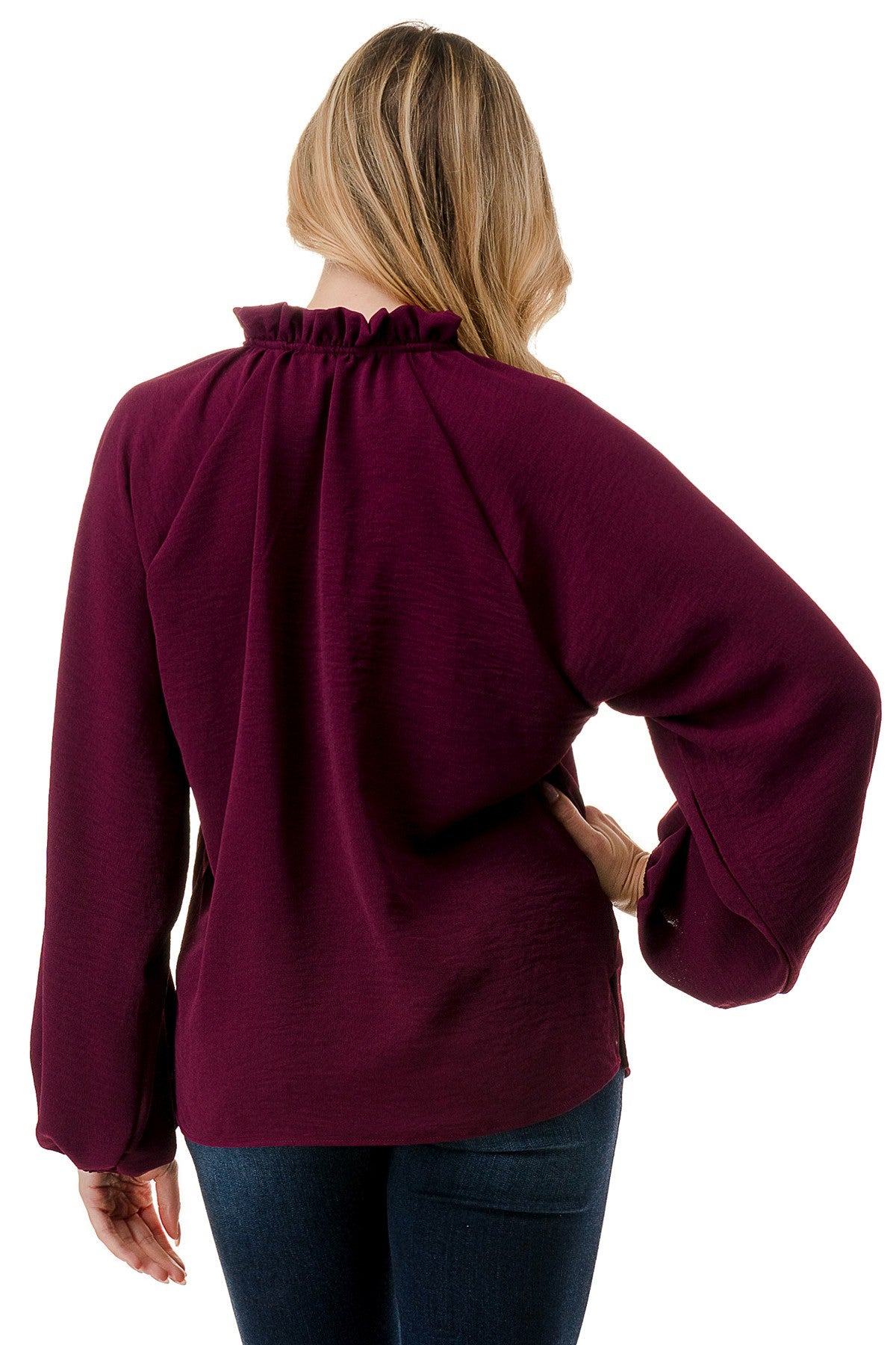 Ruffle Neck Balloon Sleeve Blouse - Merlot