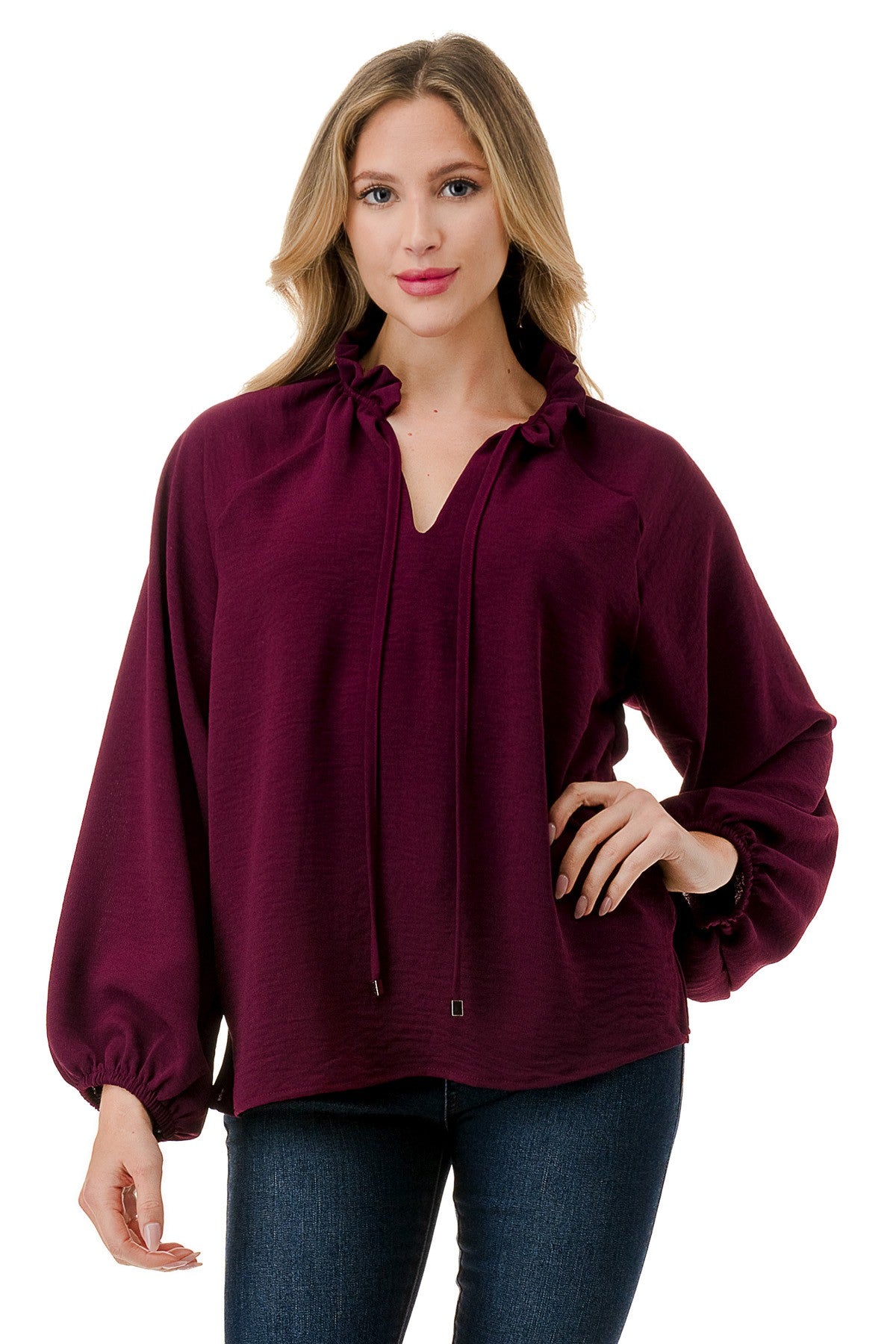 Ruffle Neck Balloon Sleeve Blouse - Merlot