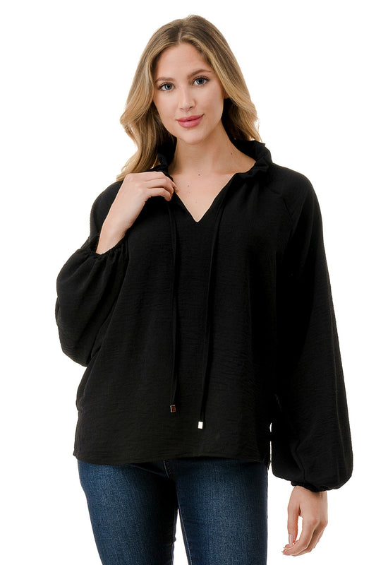 Ruffle Neck Balloon Sleeve Blouse - Black