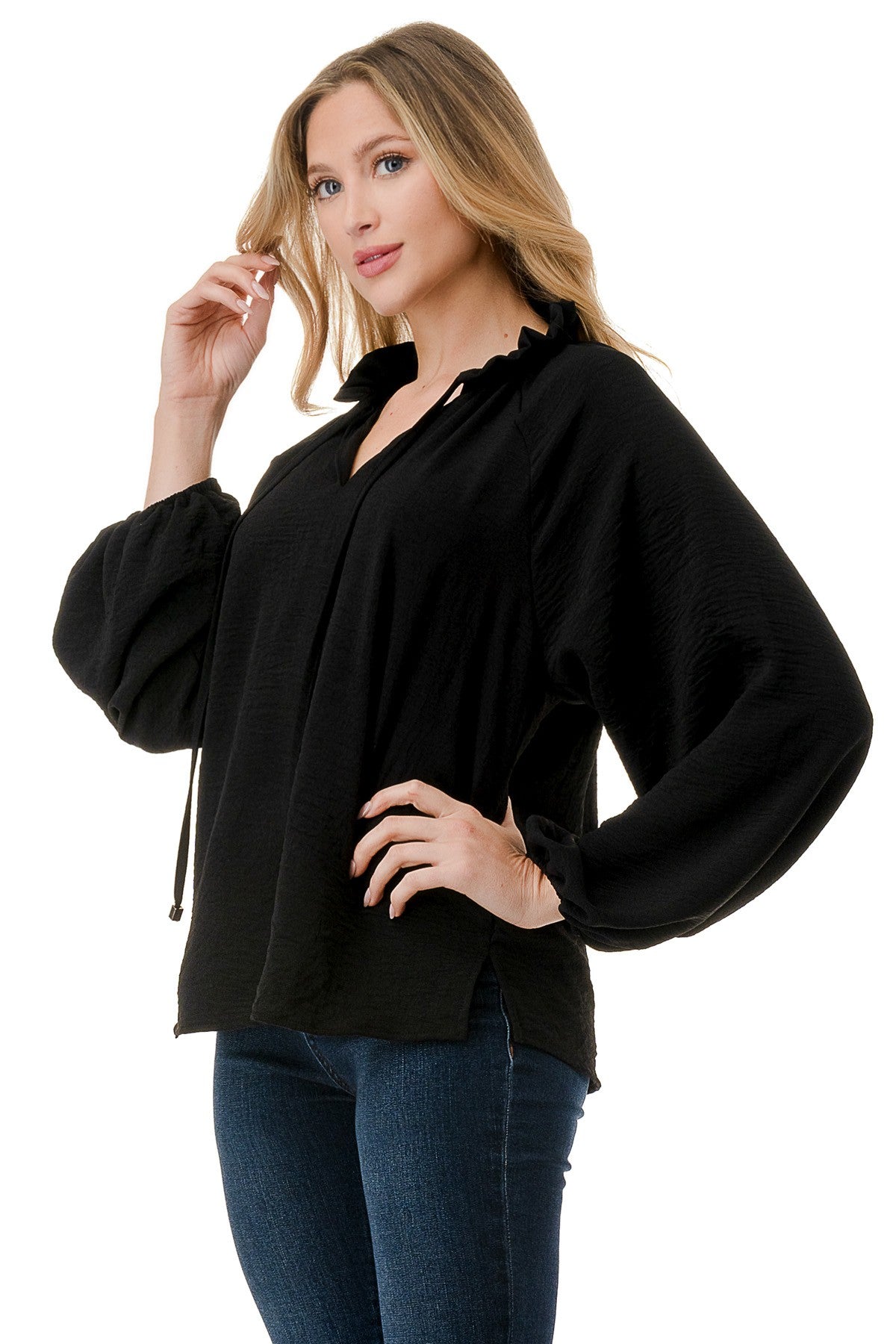 Ruffle Neck Balloon Sleeve Blouse - Black