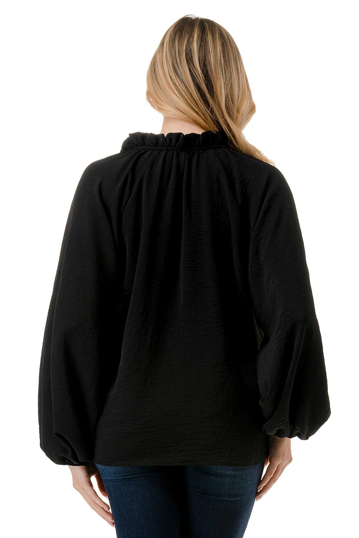 Ruffle Neck Balloon Sleeve Blouse - Black