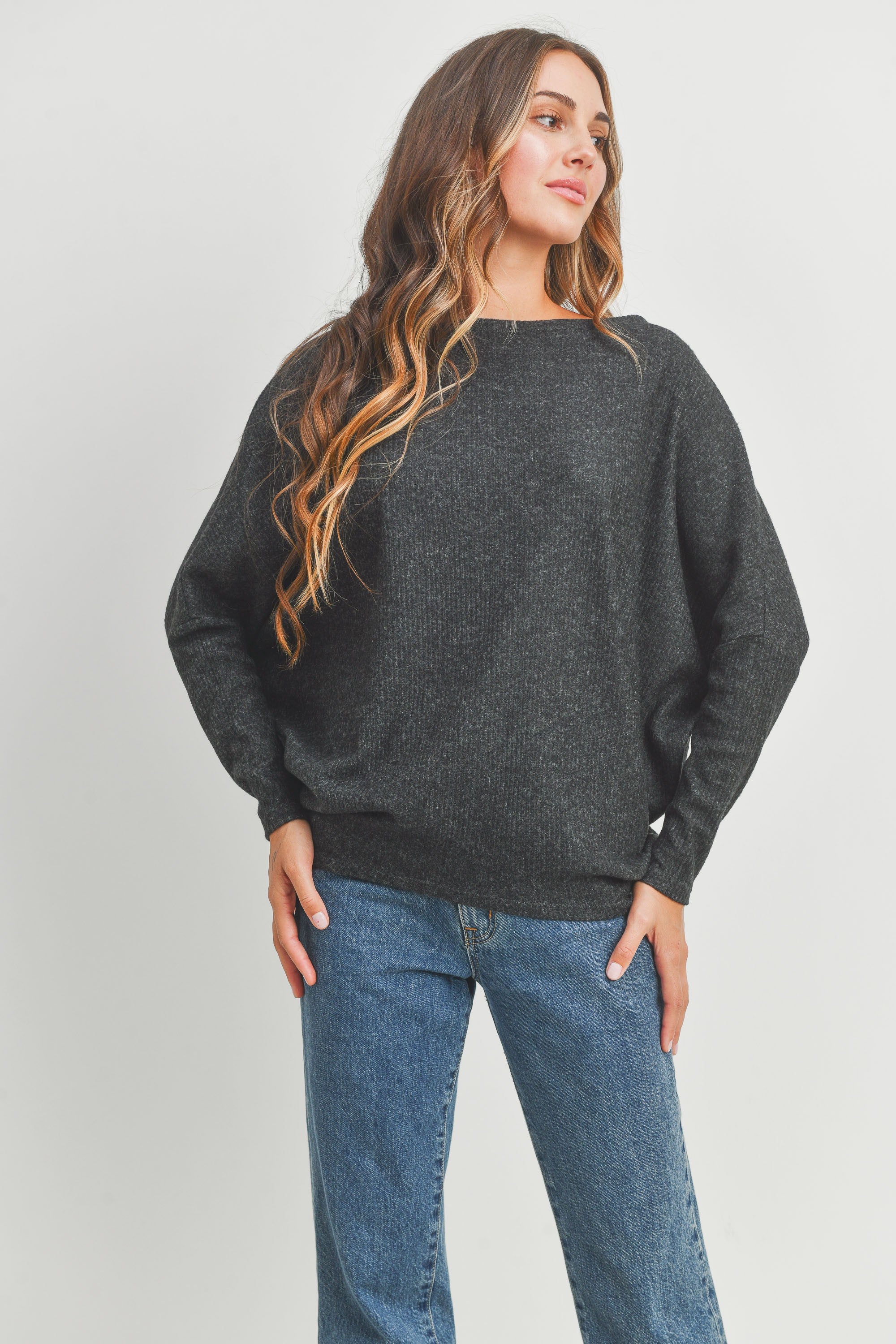 Ribbed High Low Knit Top - Charcoal