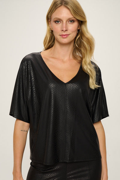 Snake Skin Embossed Faux Leather Top - Black