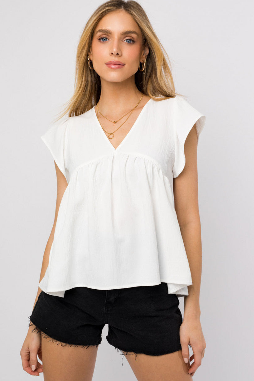 Ruffle Sleeve V-Neck Shirring Top - White ONLY 1 L LEFT