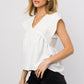 Ruffle Sleeve V-Neck Shirring Top - White ONLY 1 L LEFT