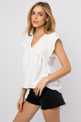 Ruffle Sleeve V-Neck Shirring Top - White